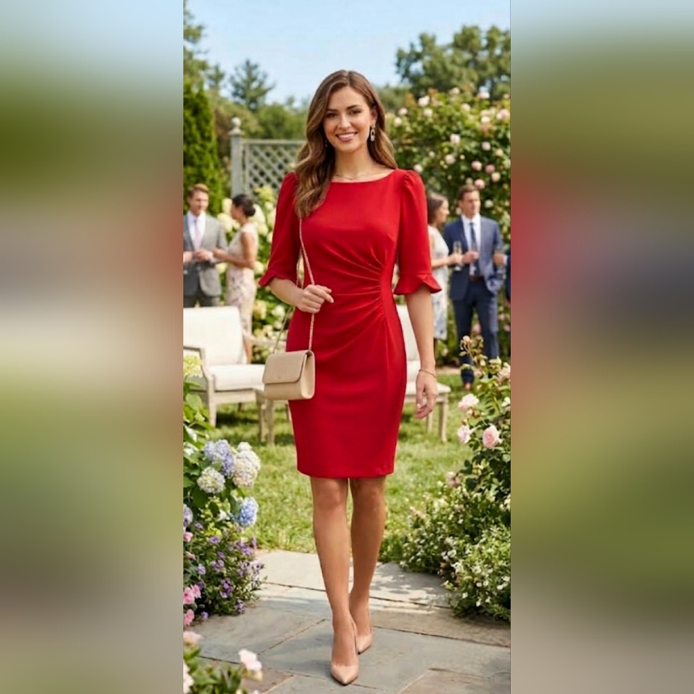 NWT DKNY Red Side-Ruched Flutter Sleeve Sheath Dress Size 14 ❤️✨